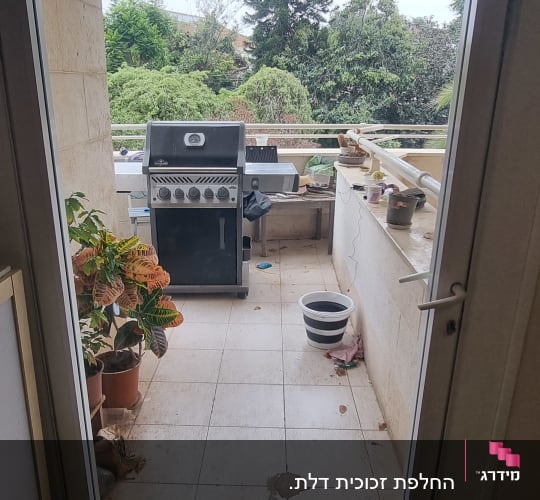 דלת זכוכית נפתחת למרפסת עם גריל וצמחים